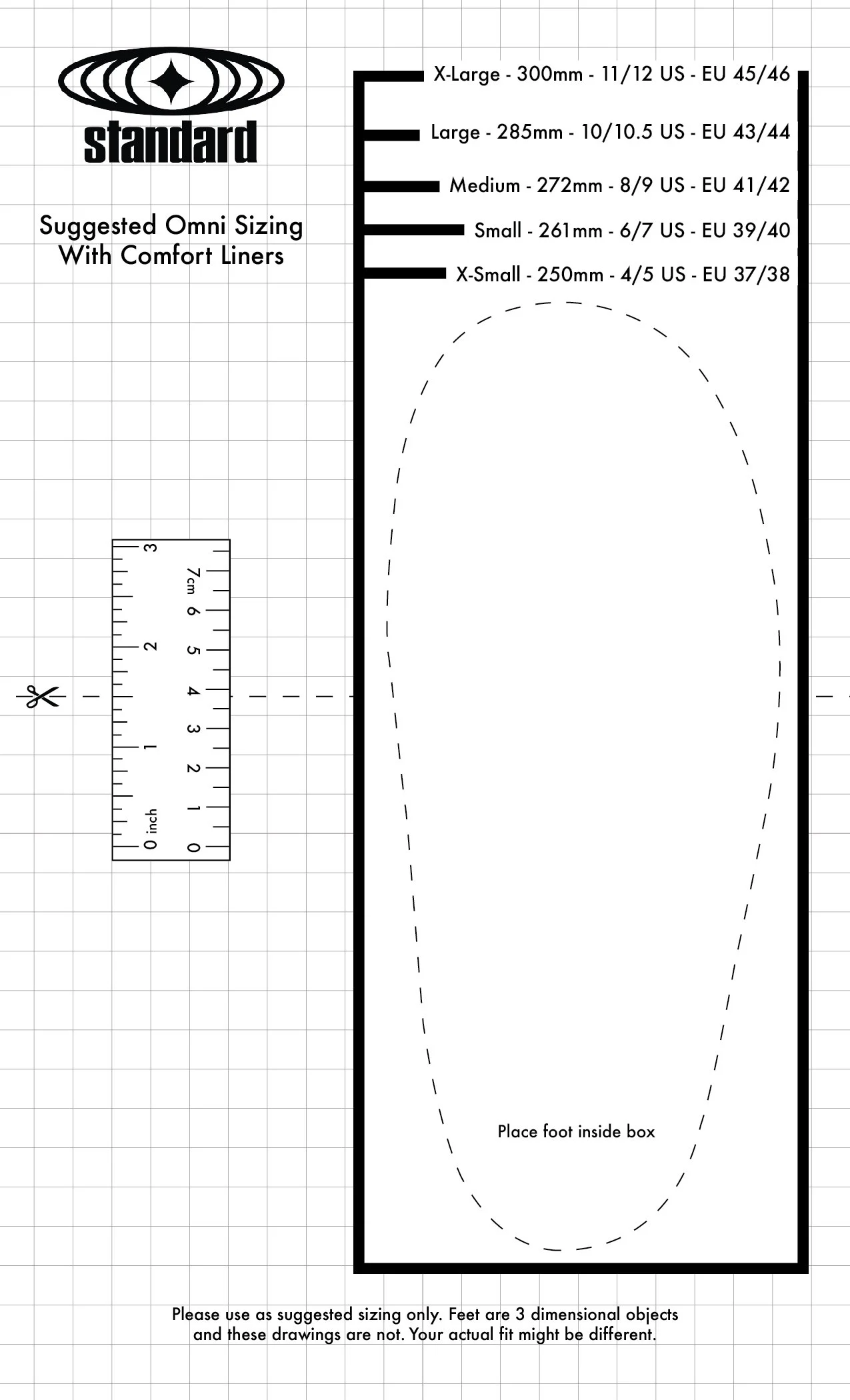 Preview of the Omni sizing guide with a heel outline, ruler, and size markers